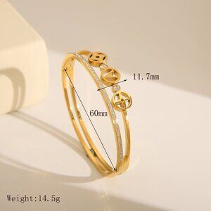 18K Gold Plated Stainless Steel Double Band V Bangle Bracelet with Zircon Accent